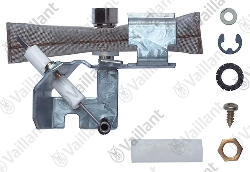 Vaillant Zündbrenner mit Metallgehäuse, Brennerelement, Anschluss, sowie verschiedenen Kleinteilen und Zubehörteilen zur Installation.